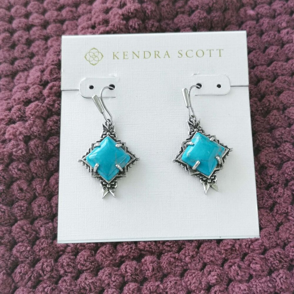 Kendra Scott Vintage Silver Variegated Dark Teal Cass Earrings NEW